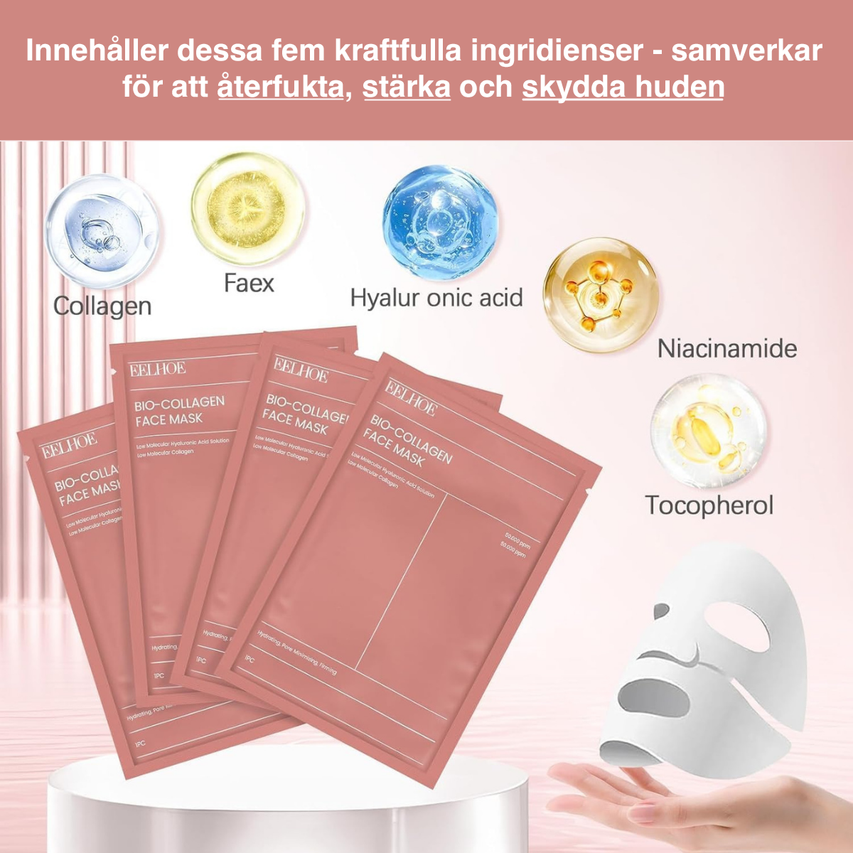 Kollagen Ansiktsmask – Återfuktande, uppstramande & anti-aging behandling (4-pack)