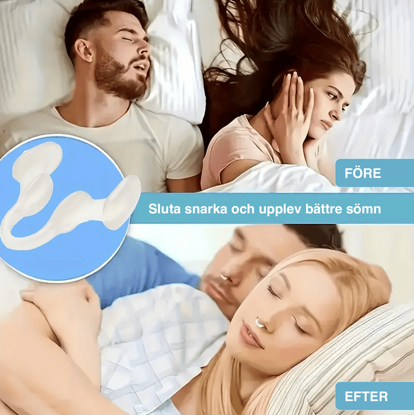 Före och efter-bild som visar hur näsklämma mot snarkning kan ge lugnare sömn för både användare och partner