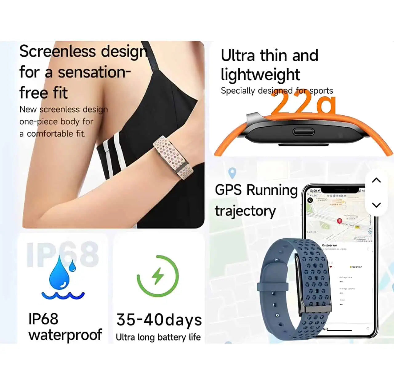 Illustration som visar ett lätt och skärmlöst aktivitetsarmband med vattentålig design, lång batteritid och GPS-spårning av träningsaktivitet via mobilapp.