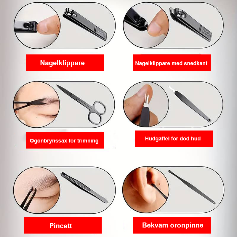 Manicuresæt til mænd og kvinder - Sort, bærbart sæt med 7 dele til brug både på farten og derhjemme.