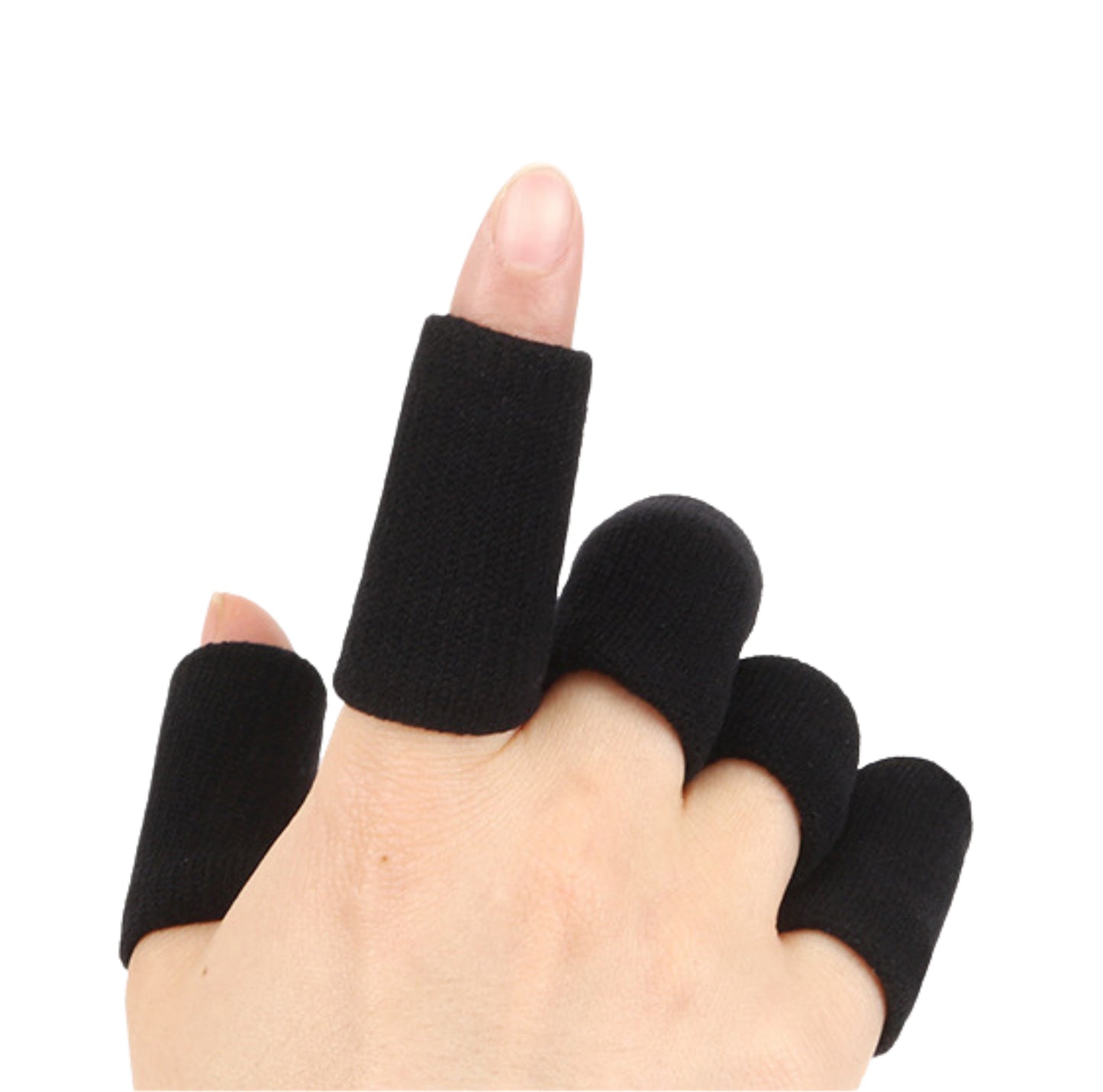 Hand med svarta fingerkompressionshylsor på flera fingrar, enskild hylsa tydligt visad.
