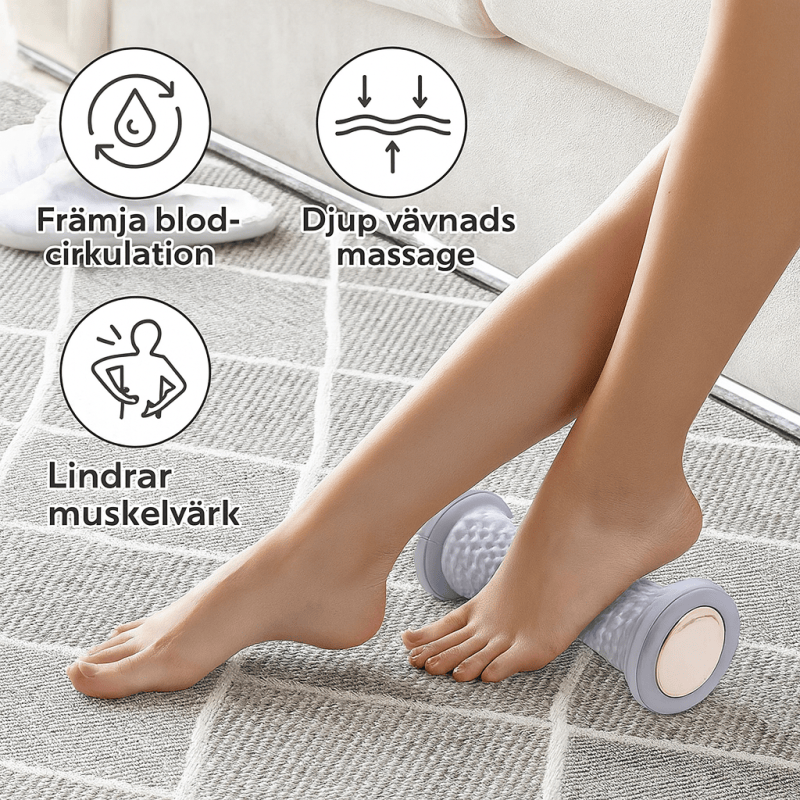 Fotmassagerulle används under foten för att öka blodcirkulationen, ge djupvävnadsmassage och lindra muskelvärk i fötter och ben.