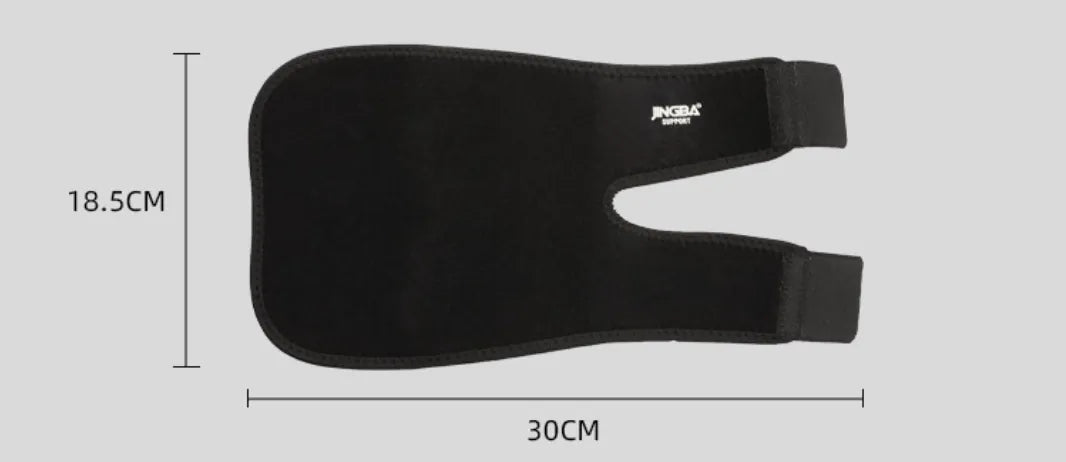 Justerbart armbågsstöd i neopren med måttangivelser för stabilisering och stöd vid armbågssmärta.