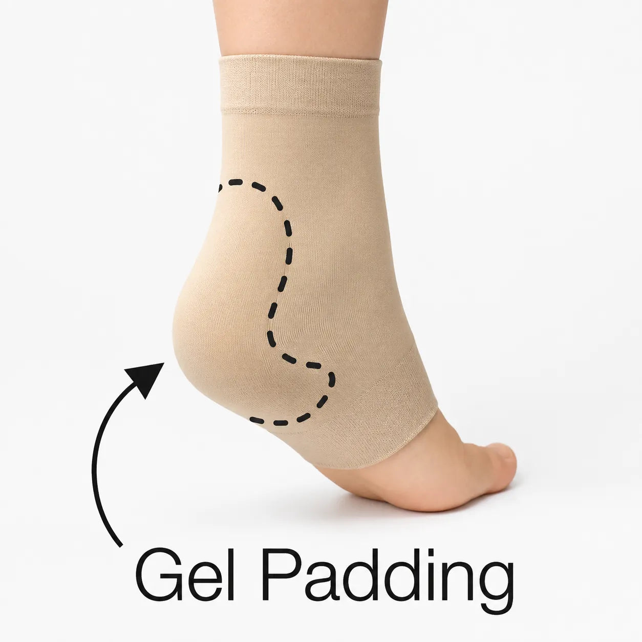 Beige stödstrumpa med markerad integrerad gelkudde runt hälen.