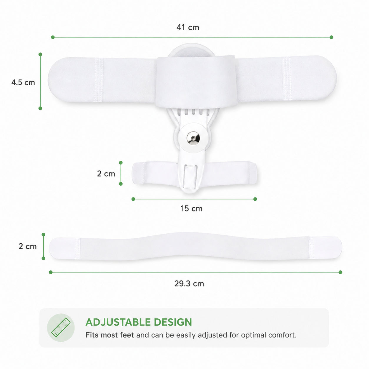 Mått och justerbar design för stortåstöd vid hallux valgus med roterande led.