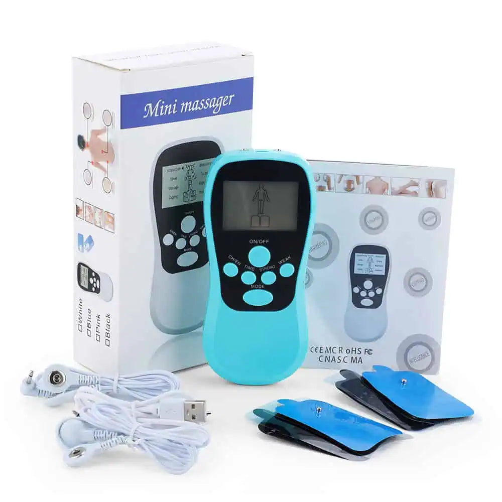 TENS EMS massageapparat med tillbehör och laddkabel