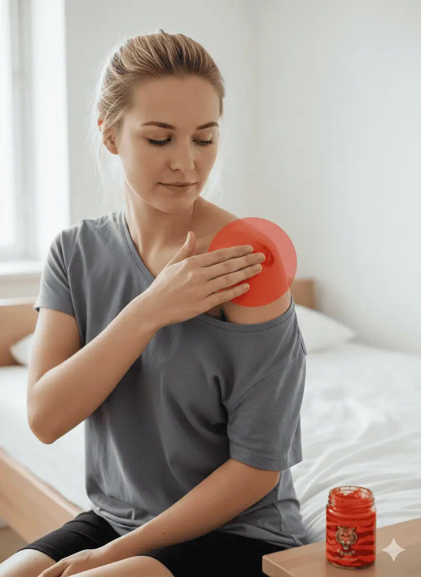 Person som applicerar balsam på axel vid massage