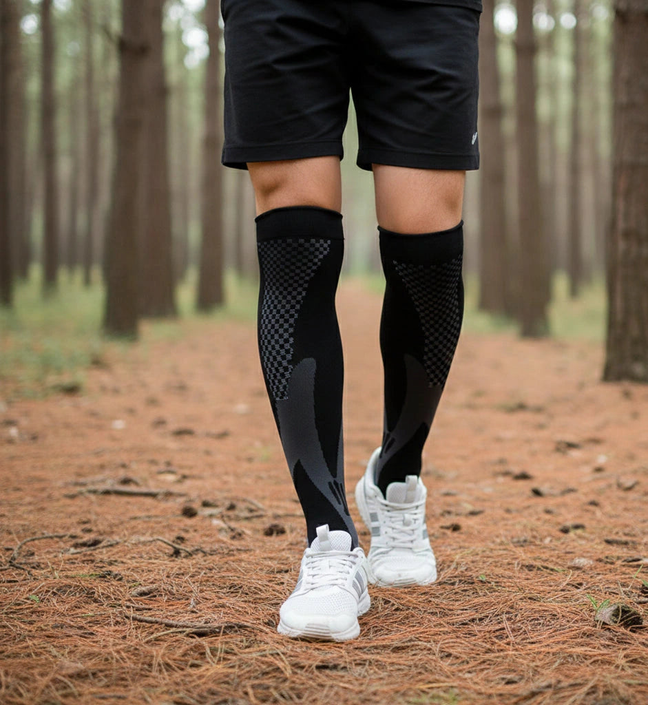 Person som promenerar i skogsmiljö med långa kompressionsstrumpor för stöd av underbenen