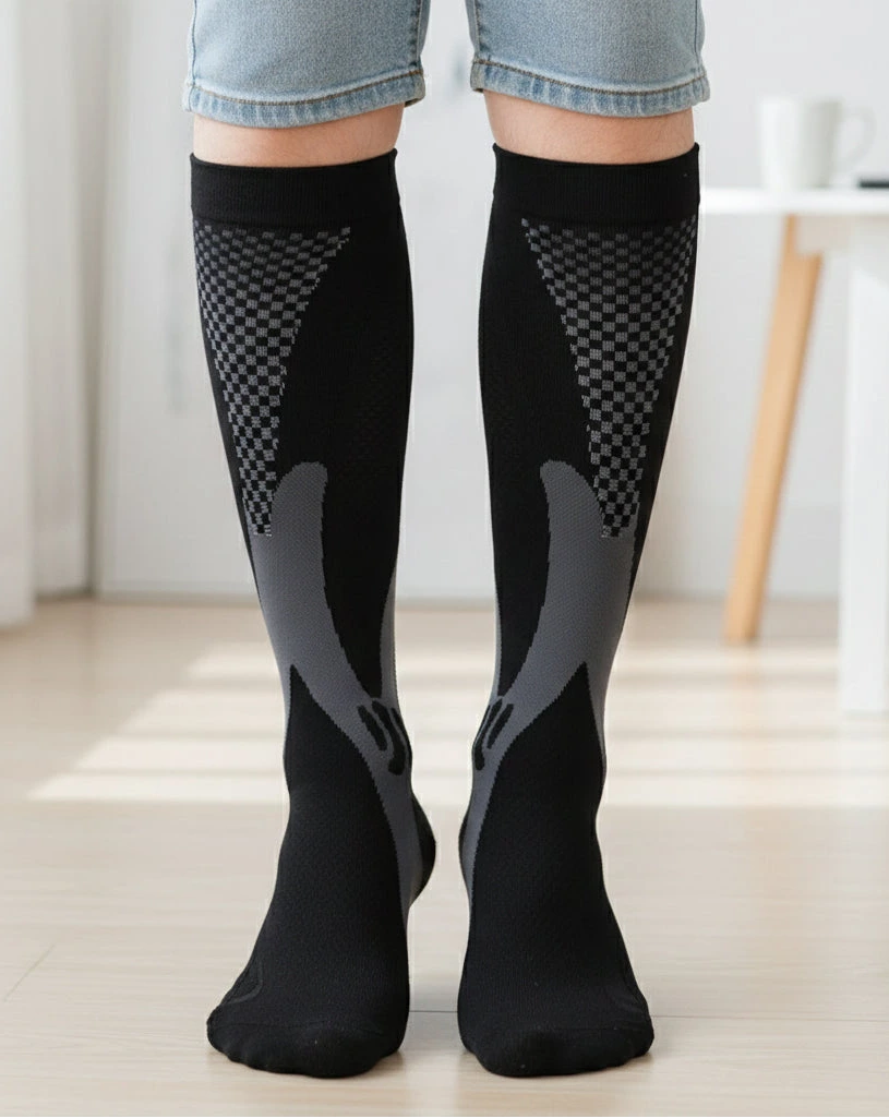 Person står inomhus med långa kompressionsstrumpor som täcker underbenen och ger jämnt stöd