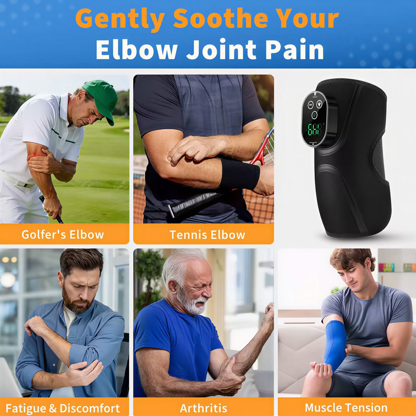 Personer med armbågssmärta vid golf, tennis, arbete och artrit samt armbågsstöd med värme och massage