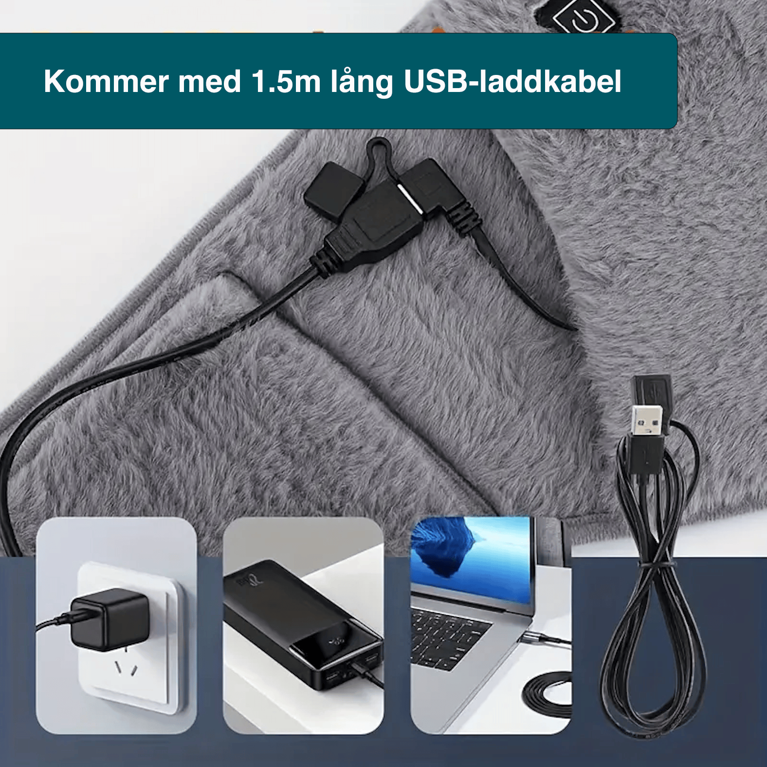 USB-laddkabel som medföljer bärbar midje- och handvärmare