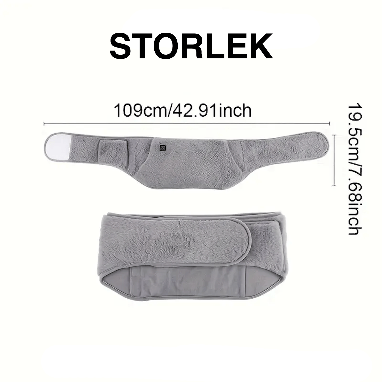 Storleksöversikt som visar mått på värmande midjebälte – 109 cm längd och 19,5 cm höjd