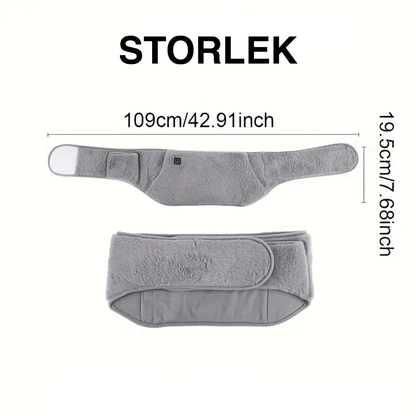 Storleksöversikt som visar mått på värmande midjebälte – 109 cm längd och 19,5 cm höjd