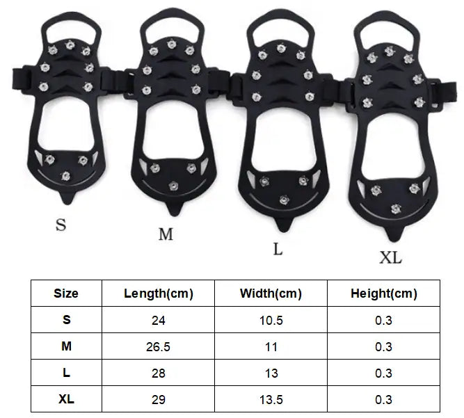 Storleksbild av broddar till skor med storlekarna S, M, L och XL samt måttabell.