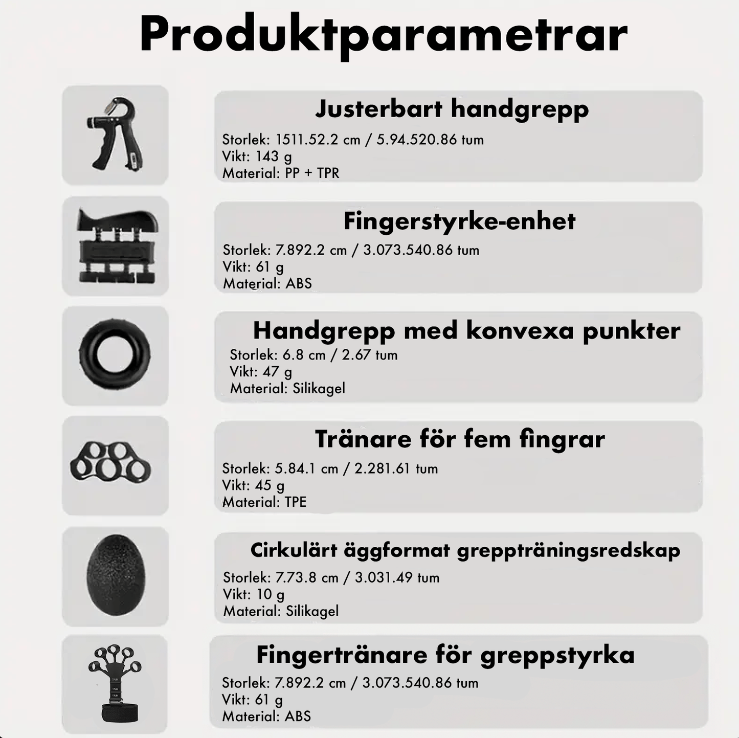 Bild med produktparametrar för greppstyrkeset, som visar storlek, vikt och material för olika handträningsredskap.