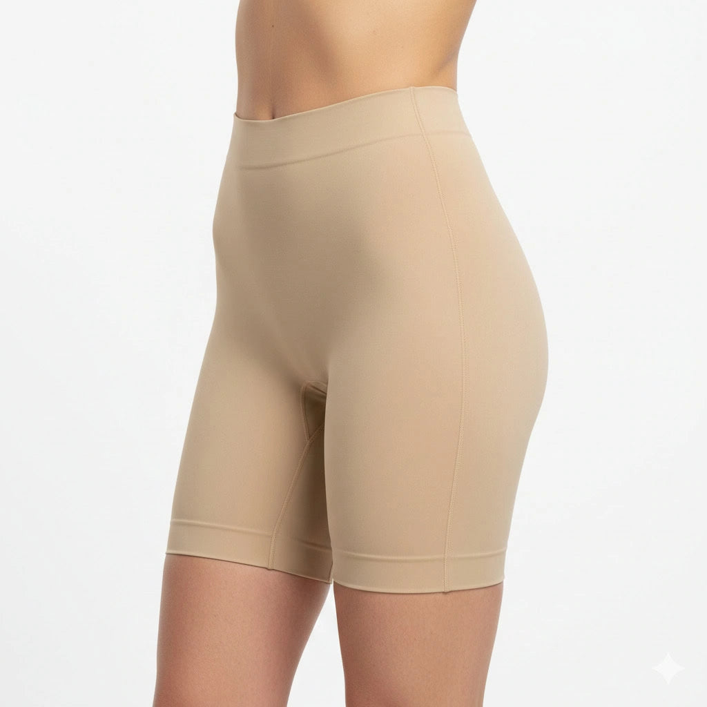 Formande shorts i hudfärgad ton med hög midja och slät passform, sedda från sidan mot vit bakgrund.