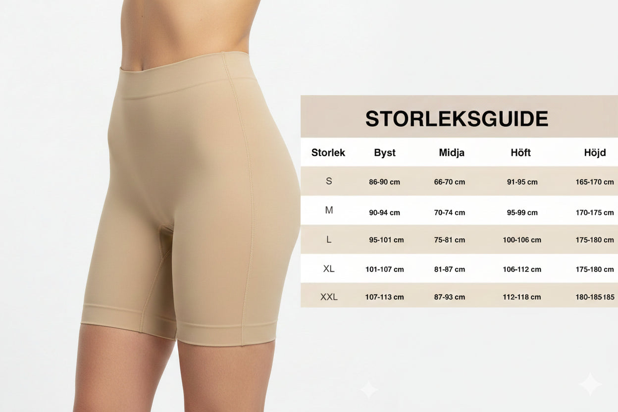 Storleksguide för formande shorts med hög midja, med mått för byst, midja, höft och längd, illustrerad bredvid produkten mot vit bakgrund.