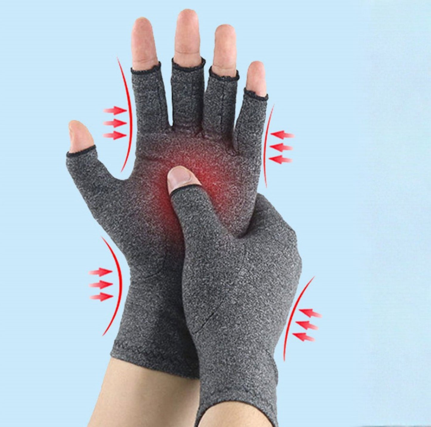 Kompressionshandskar utan fingertoppar som ger stöd och lindring vid artrit, stelhet och smärta i händerna.