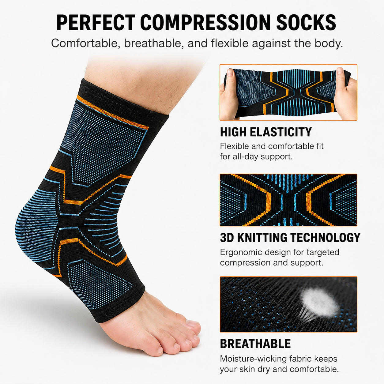 Kompressionsstrumpa för plantar fasciit med elastiskt, ventilerande material och riktad kompression för stöd och komfort hela dagen.