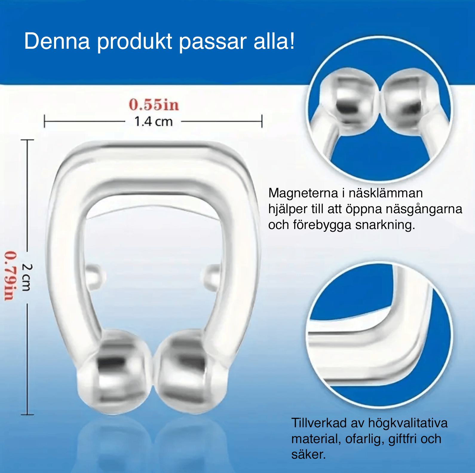 Transparent näsklämma i mjukt silikon med måttbeskrivning