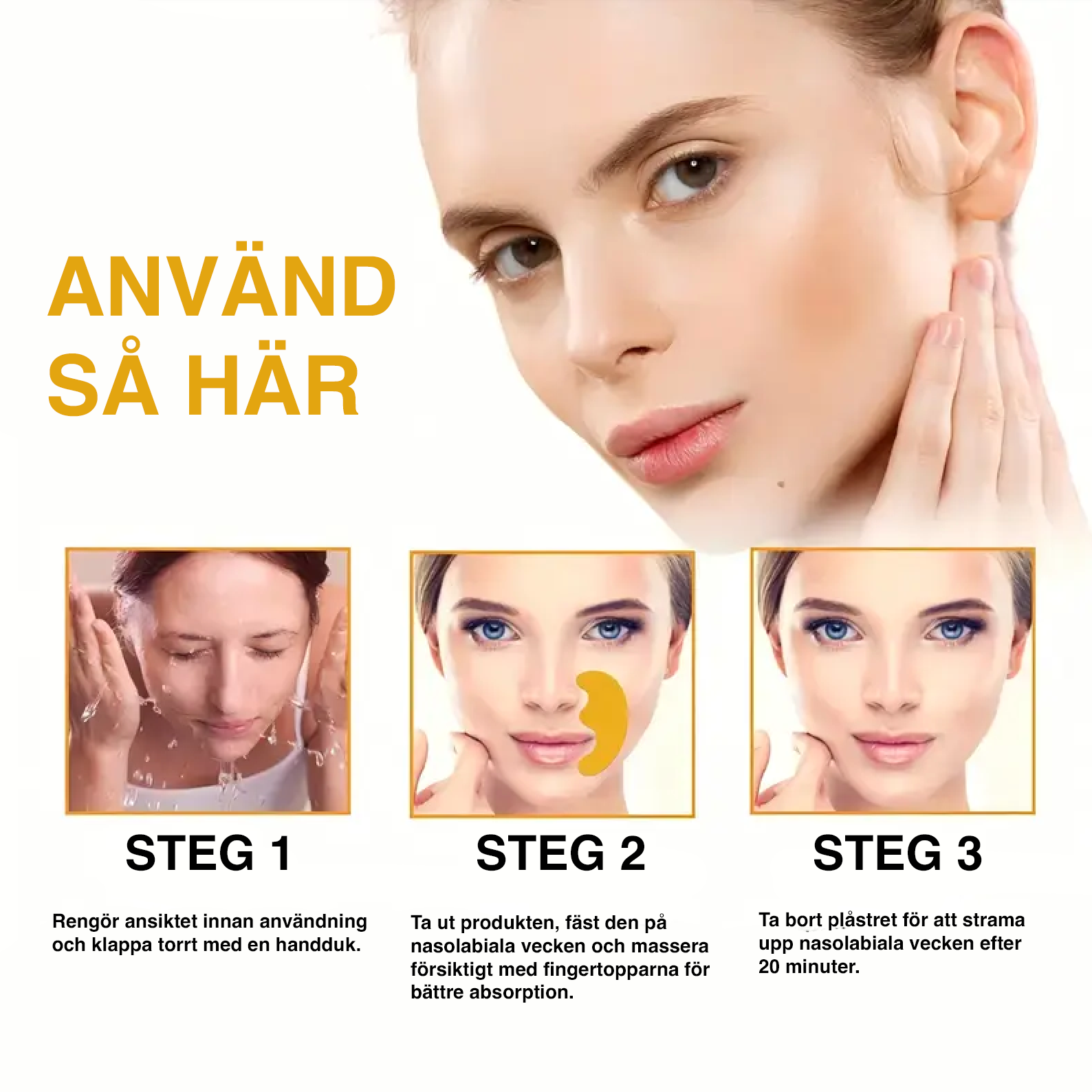 Steg-för-steg-guide för hur rynkutjämnande plåster används runt näsa och läppar