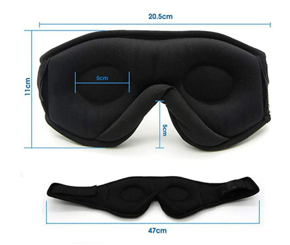 Sovmask med inbyggda hörlurar och måttangivelser som visar storlek och passform för bekväm sömn och ljudisolering.