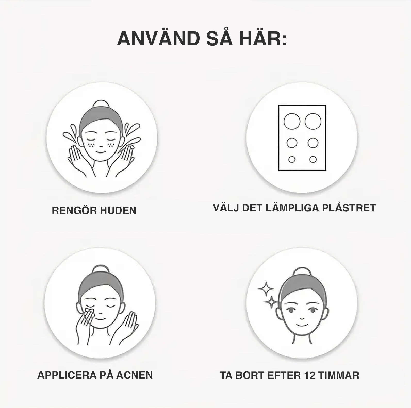 Illustration som visar hur akneplåster används steg för steg