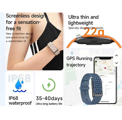 Illustration som visar ett lätt och skärmlöst aktivitetsarmband med vattentålig design, lång batteritid och GPS-spårning av träningsaktivitet via mobilapp.