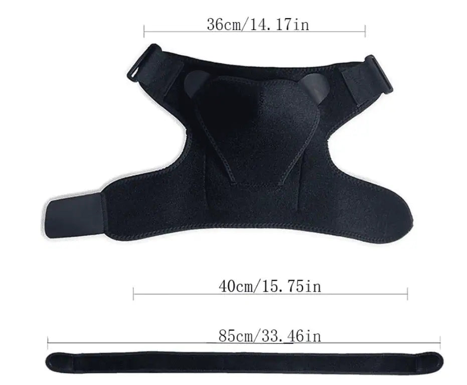 Storleksbild för andningsbart axelskydd i neopren med mått för rem och skydd.