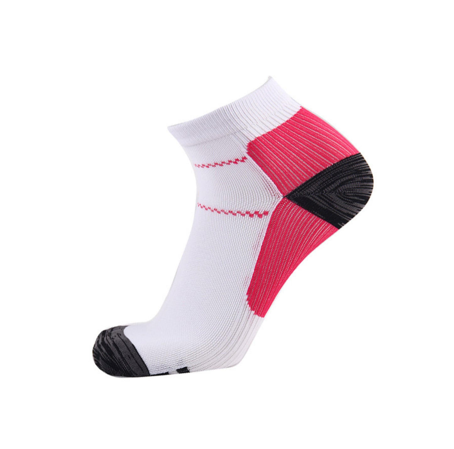 Vit & rosa ankelstrumpa med integrerat stöd runt fot och häl, visad från sidan i röd färgdetalj