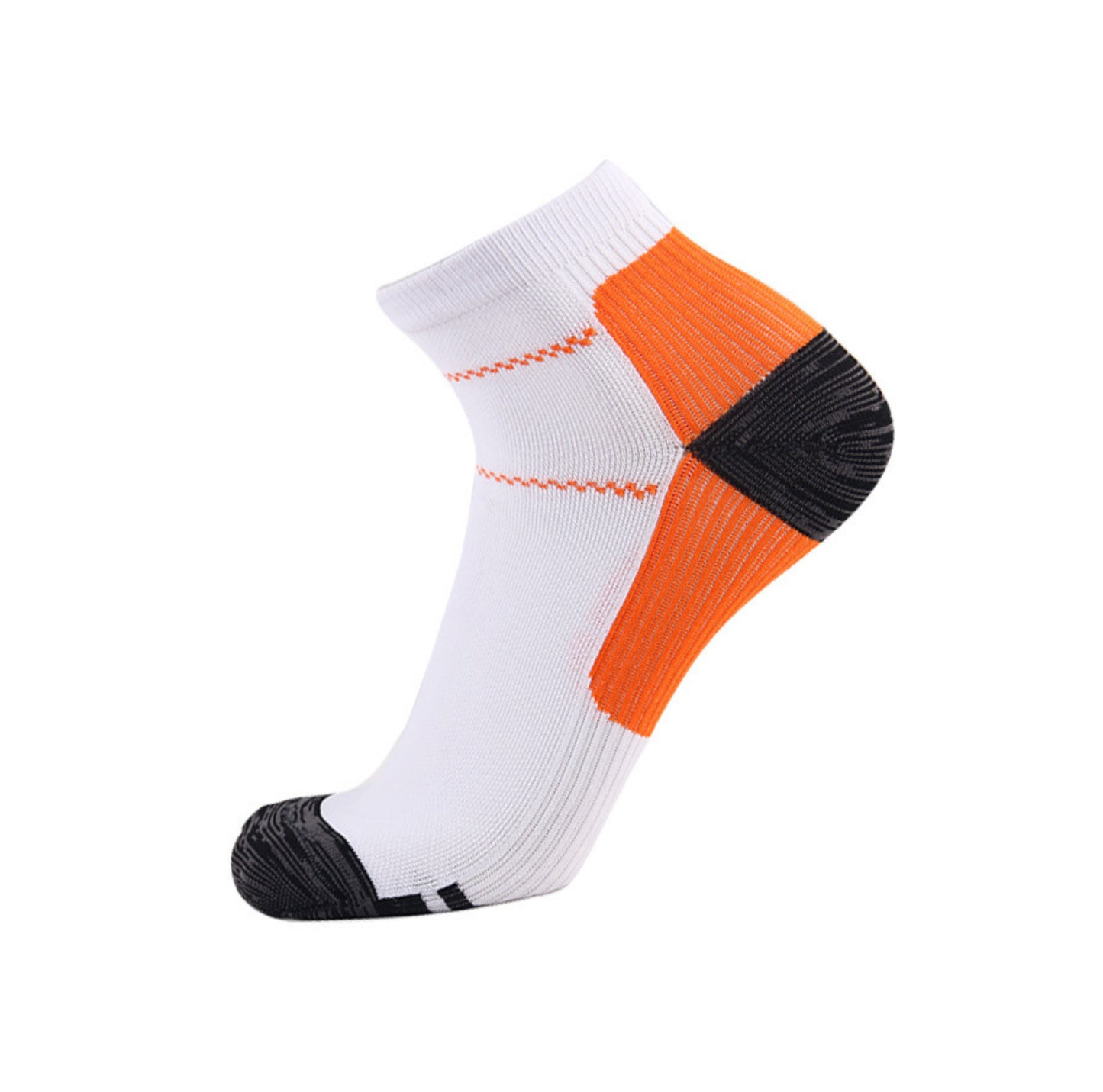 Vit ankelstrumpa med integrerat stöd runt fotleden, visad från sidan med orange förstärkta zoner