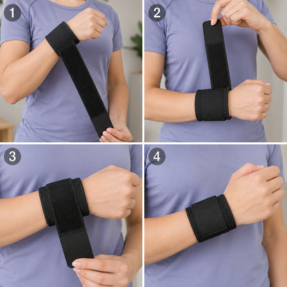 Steg-för-steg-guide som visar hur ett elastiskt handledsstöd sätts på och justeras.