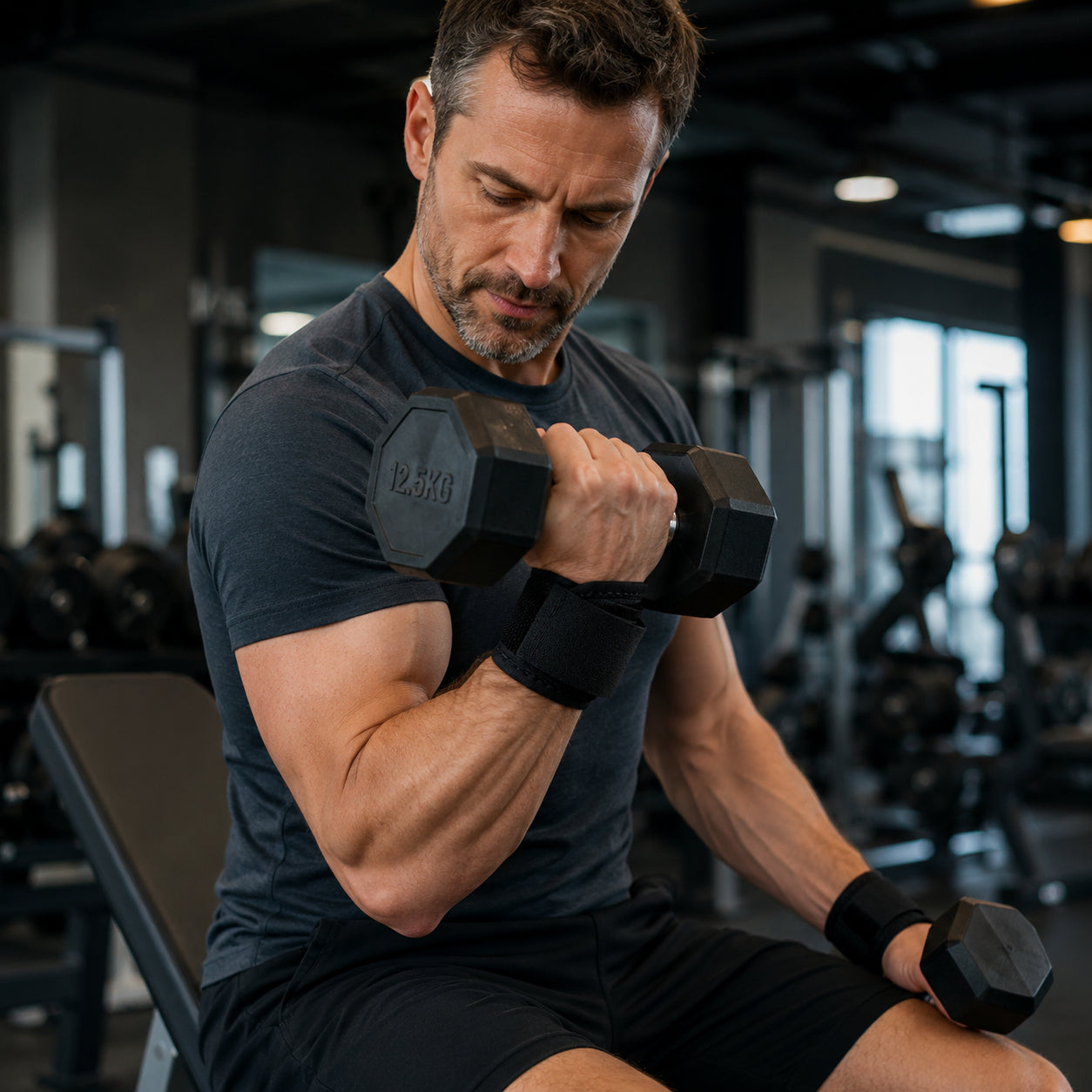 Man tränar med hantlar på gym och använder elastiska handledsstöd för extra stöd.