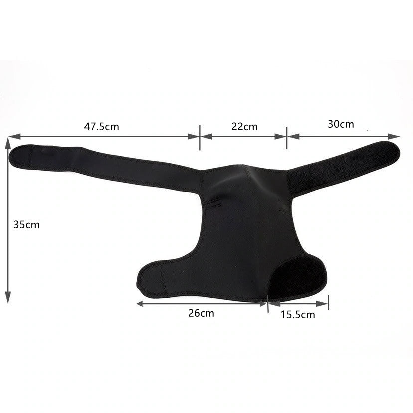 Axelstöd med kompressionsremmar och måttangivelser.