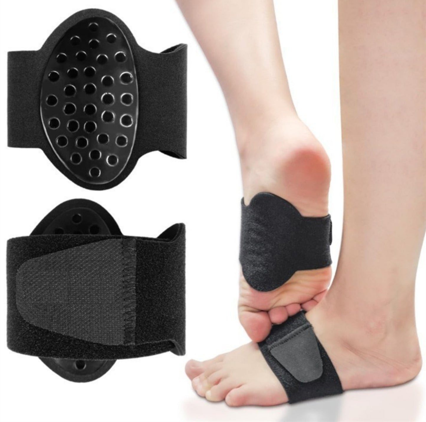 Bågstöd för hålfot med stötdämpande gelkudde och justerbart band, utformat för att avlasta hålfoten och minska tryck vid gång och belastning.