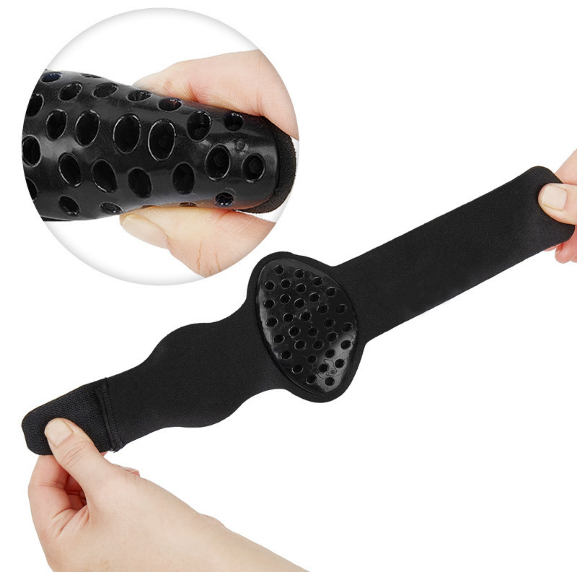 Justerbart bågstöd för hålfot med stötdämpande kudde och elastiskt band.