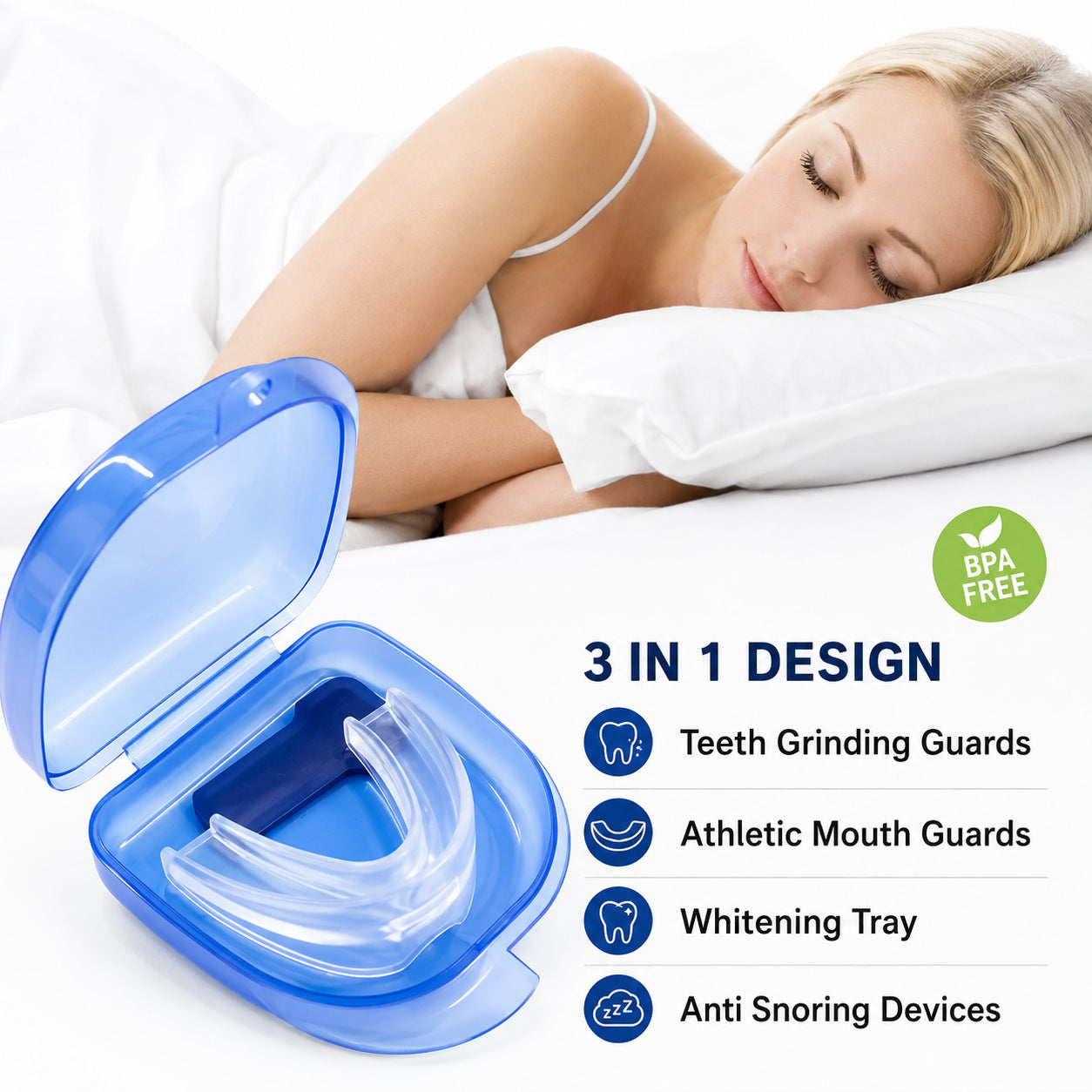 Formbart BPA-fritt tandskydd i förvaringsetui som kan användas mot tandgnissling, snarkning och vid sport.