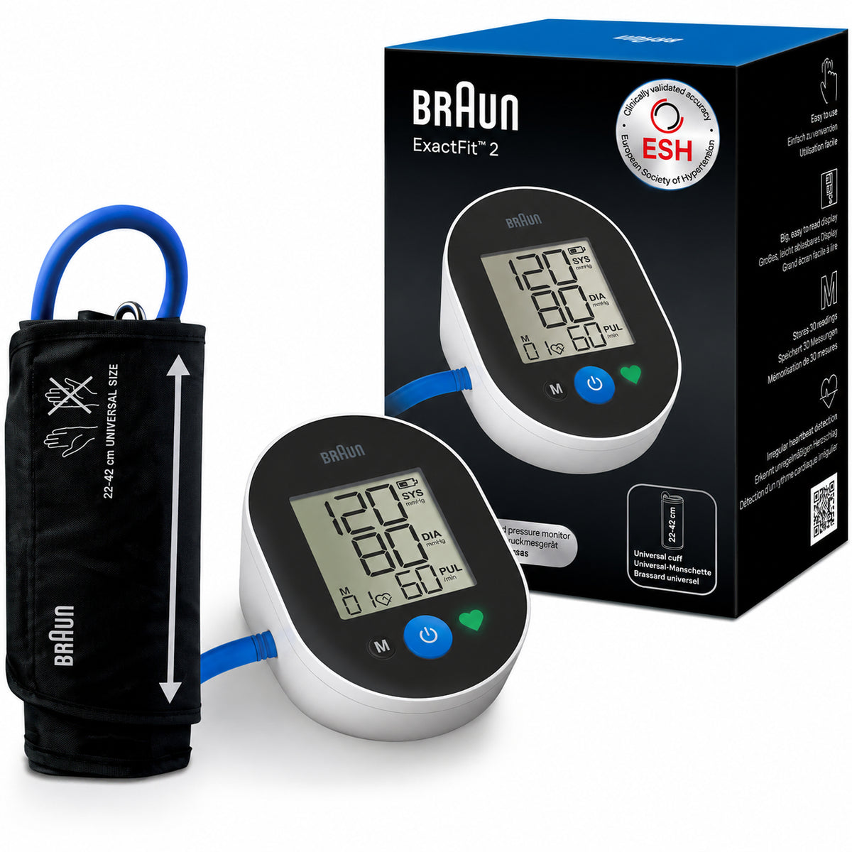 Braun ExactFit 2 blodtrycksmätare med manschett och förpackning.