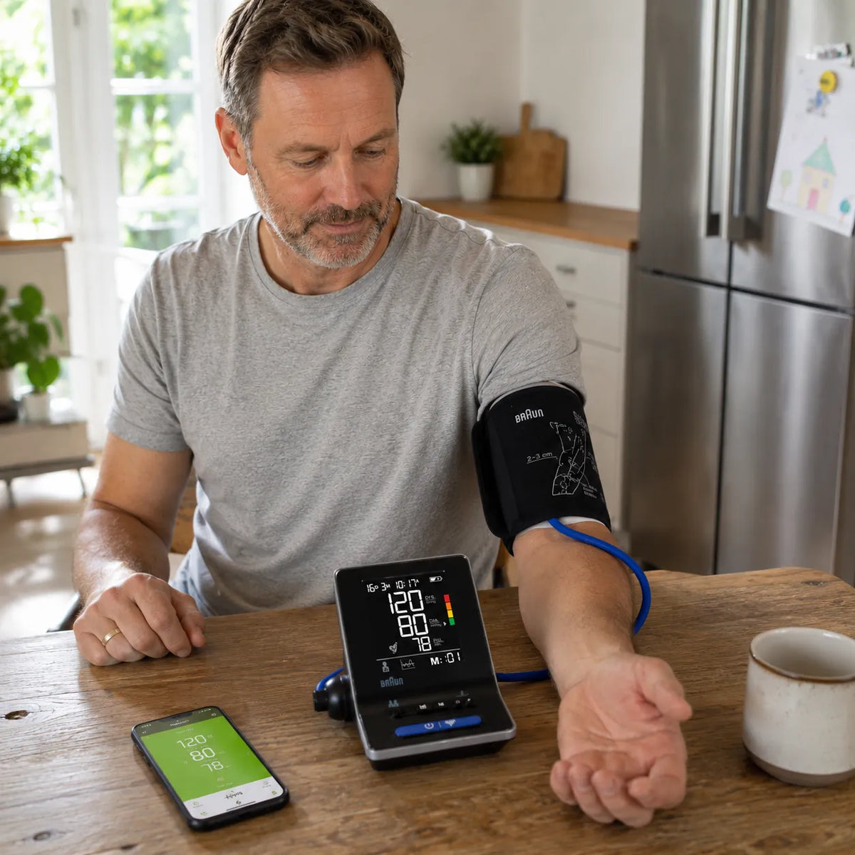 Man använder Braun ExactFit 5 Connect blodtrycksmätare hemma.