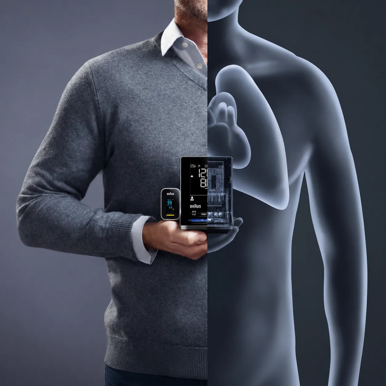 Braun Pulse Oximeter 1 med illustration av lungor och andningshälsa.