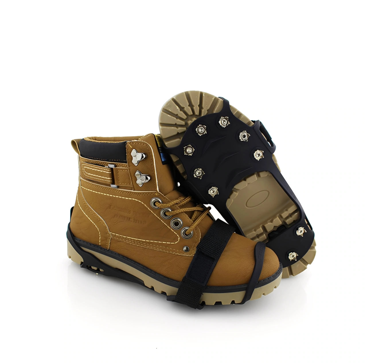 Skor med broddar som används vid promenad på isigt underlag