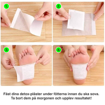 Steg-för-steg-guide som visar hur detox-fotplåster fästs under fötterna före sömn.