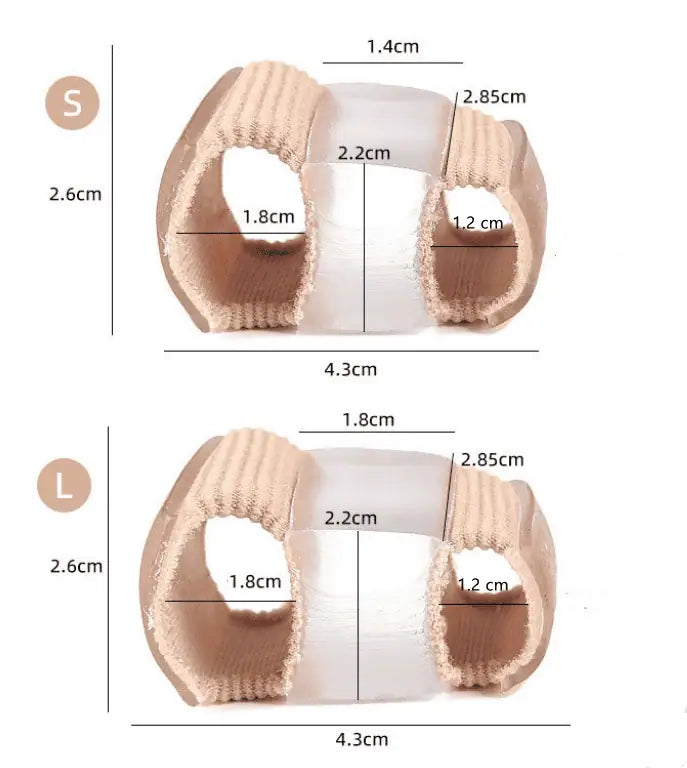 Storleksbild som visar mått på dubbel tåseparator mot hallux valgus i storlekarna S och L.
