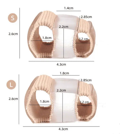 Storleksbild som visar mått på dubbel tåseparator mot hallux valgus i storlekarna S och L.
