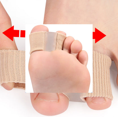 Dubbel tåseparator för hallux valgus som visar hur stortån hålls isär vid användning.