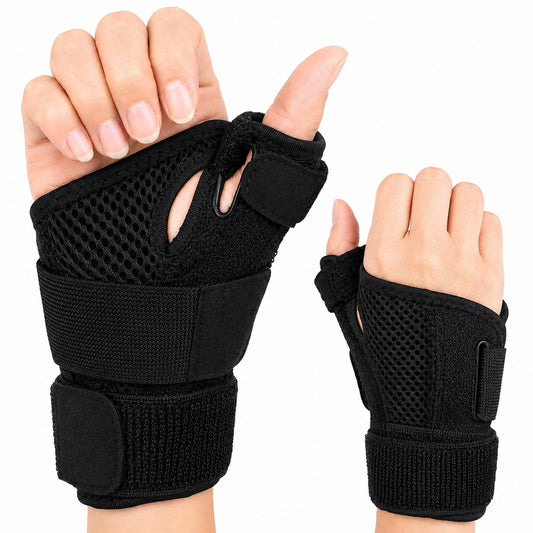 Justerbart handledsstöd med tumstöd och stabiliserande kardborreband för höger och vänster hand.