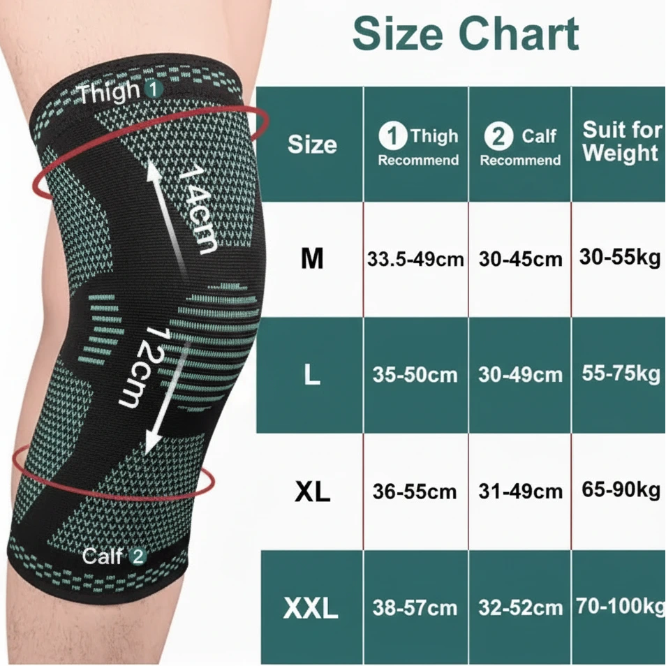 Storleksguide för elastiskt knäskydd med kompression och mått för lår och vad.