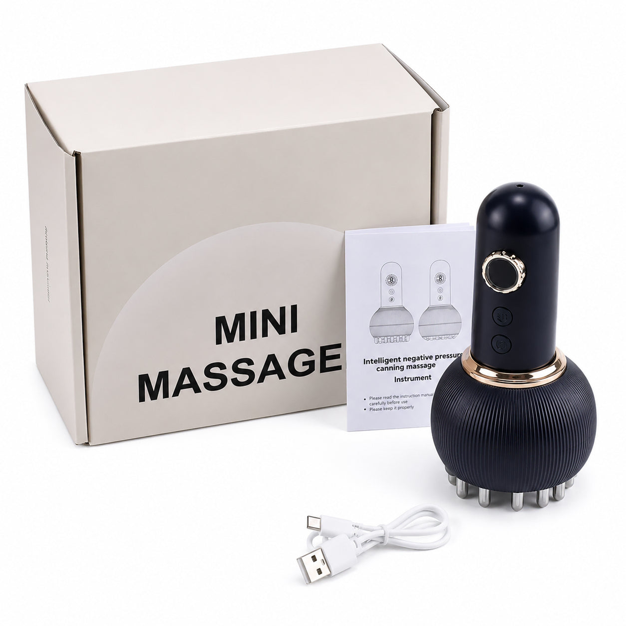 Förpackning med elektrisk mini massageapparat, USB-laddkabel och instruktionsmanual på vit bakgrund.
