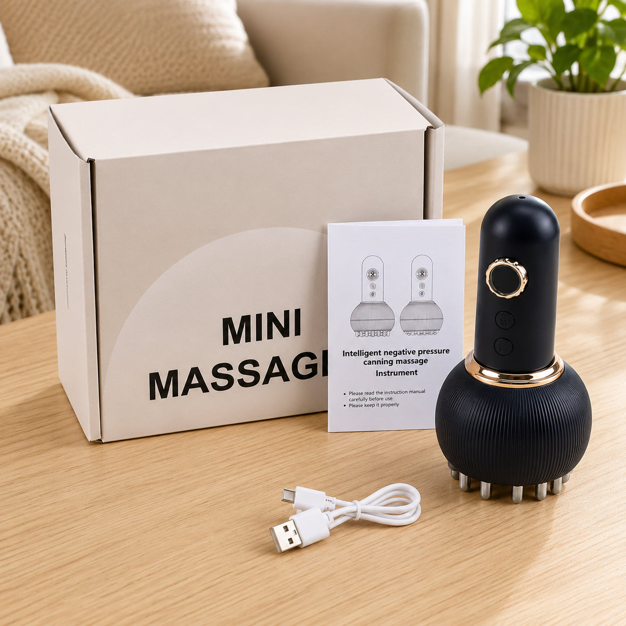 Elektrisk Gua Sha massageapparat med USB-laddningskabel, förpackning och bruksanvisning i hemmamiljö.