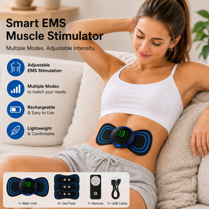 EMS massageenhet med justerbar elektrisk muskelstimulering och självhäftande gelpads.